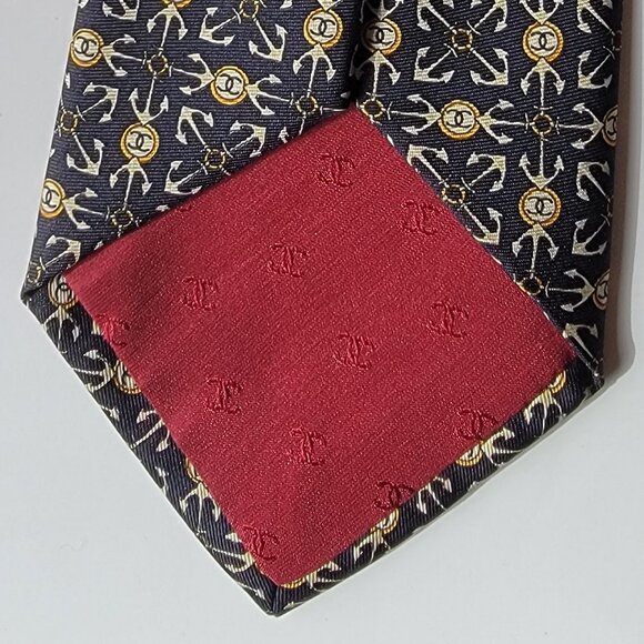 CHANEL Men's Vintage Tie 100% Silk Made in Italy black gold white CCs & anchors - Picture 2 of 5